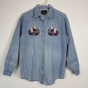 Vintage Quizz Denim Button-Down Shirt Embroidered Cat Nap Fish Dream Womens Sz M